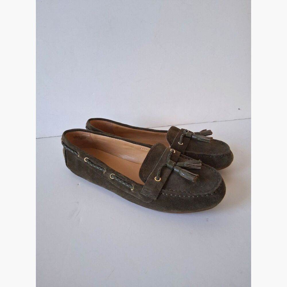 Talbots Loafers 8.5 Driving Olive Green Tassel Moccasin Suede Preppy Old Money